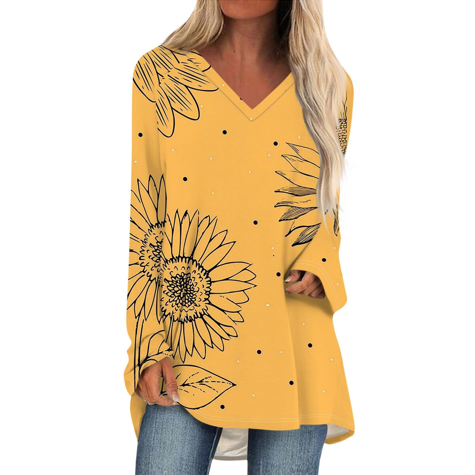 

Женская осенне-зимняя повседневная длинная свободная футболка с v-образным вырезом и длинными рукавами и принтом XL оранжевый