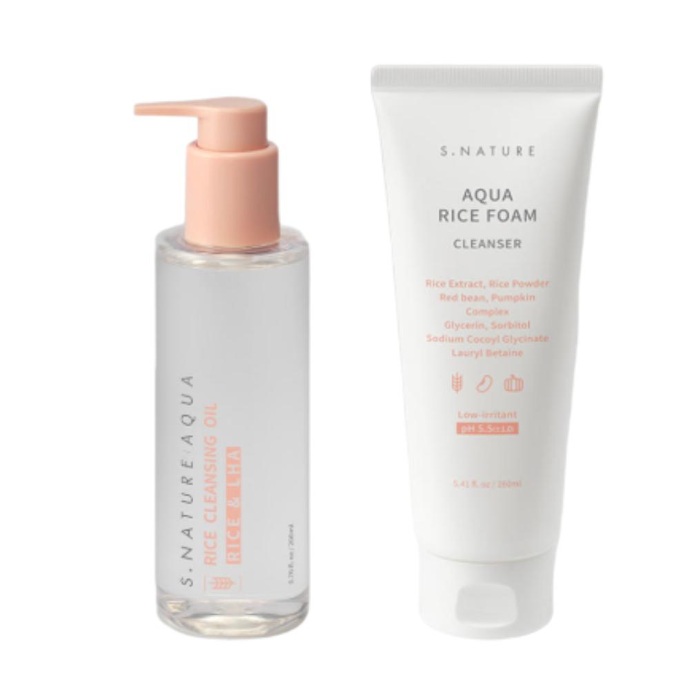 

S-NATURE Aqua Rice Cleansing Oil 200ml + Mild Acidic Cleansing Foam 160ml 2-Piece Set Perfect Double Cleansing & Brightening Kit