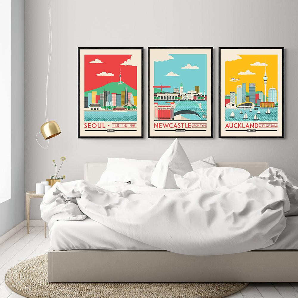 Shanghai Tokyo Seoul Newcastle Cityscape Poster and Print Nordic City View Canvas Painting Color Picture Living Room Home Decor