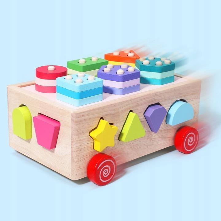 Sorter Kształtów Drewniana Kostka Edukacyjna Na Kółkach Klocki Montessori