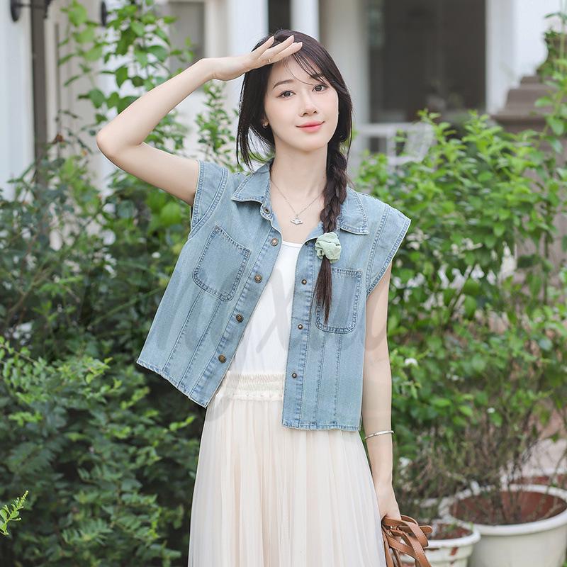 Korean Retro Denim Flutter Sleeve Soft Top M синий