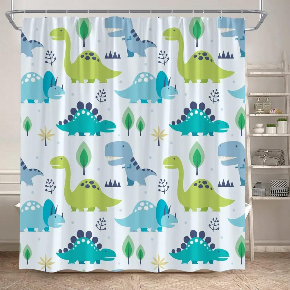 Funny Cartoon Dogs Shower Curtain Cute Dinosaur Tropical Fish Animals Footprints Kids Bath Curtains Polyester Bathroom Decor Set
