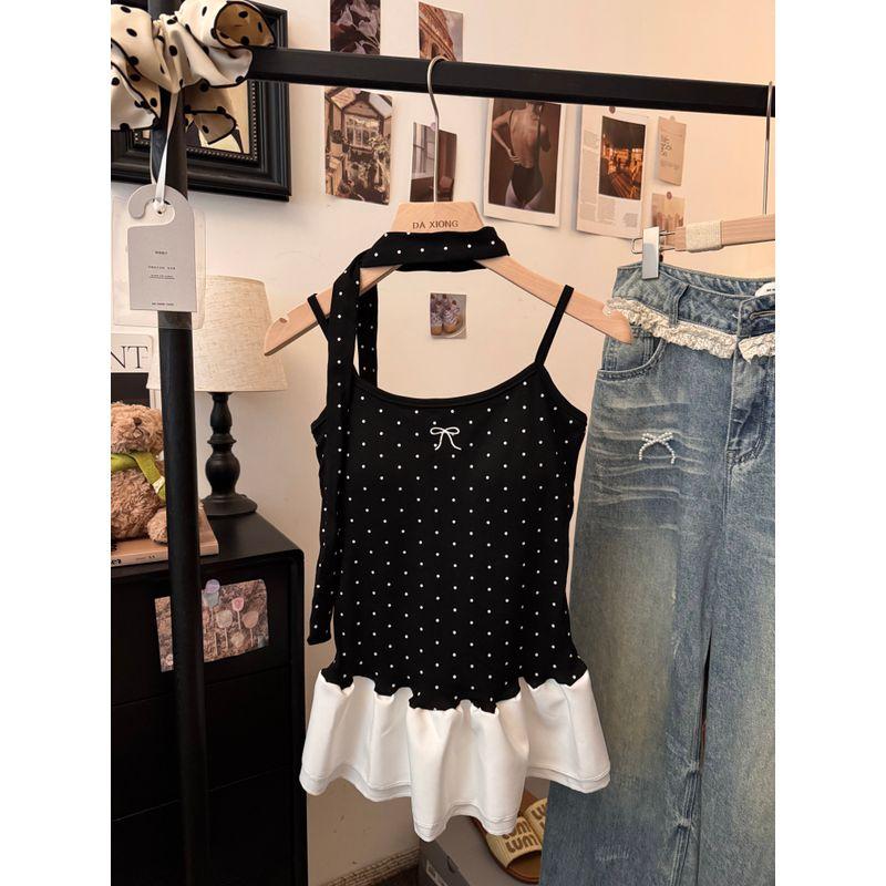 Kumikumi Niche Design Sense Polka Dot Patchwork Cami Women clothes Summer Frill Slimming Versatile Top