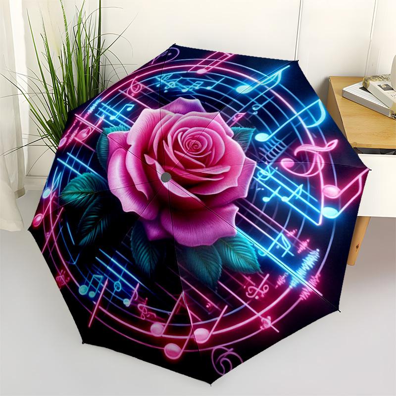 1pc Rose Music Automatic Folding Umbrella, Heavy Duty 8 Rib Iron Frame,  Suitable for Travel, Daily Use, Birthday, Decor Gift  68