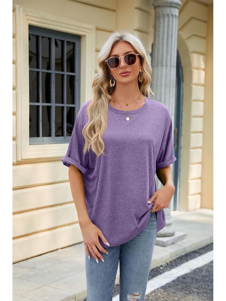 2024 Women's Spring/Summer Loose Solid Color Round Neck Short Sleeve T-Shirt