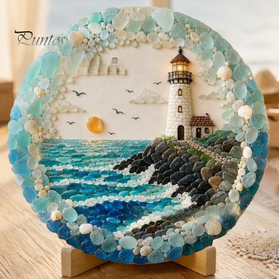 Beach House Decor Lighthouse Sea Glass Art Wall Ornament, Hand Assembled Shells And Tumbled Housewarming Gift for Decor, Style Decorative Hanging