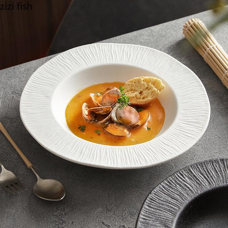 Solid Color Irregular Striped Ceramic Plate Creative Thick Soup Plate Pasta Dish Salad Dish Molecular Cuisine Featured Tableware