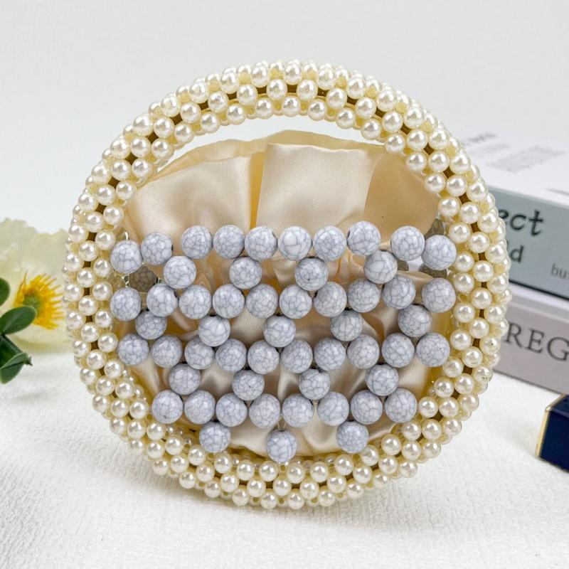 

New Handmade Woven Pearl Round Handbag Women Mini Beading Circle Spliced Phone Bag Casual Elegant Purse Clutch бежевый