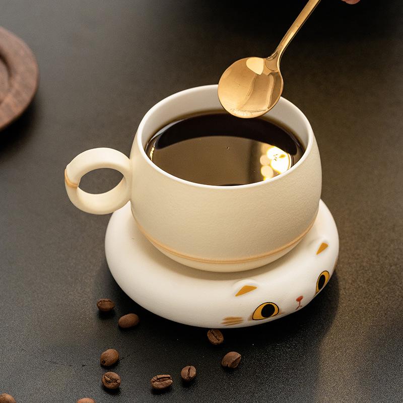 Cat-Themed Ceramic Coffee Mug & Saucer Set for Women