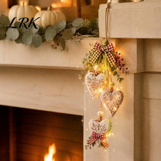 Fall Harvest Home Decorations Heart-Shaped Wooden Decorative Hanging Ornaments with LED Light, Rustic Farmhouse Heart Wall Pendant Boho Bedroom