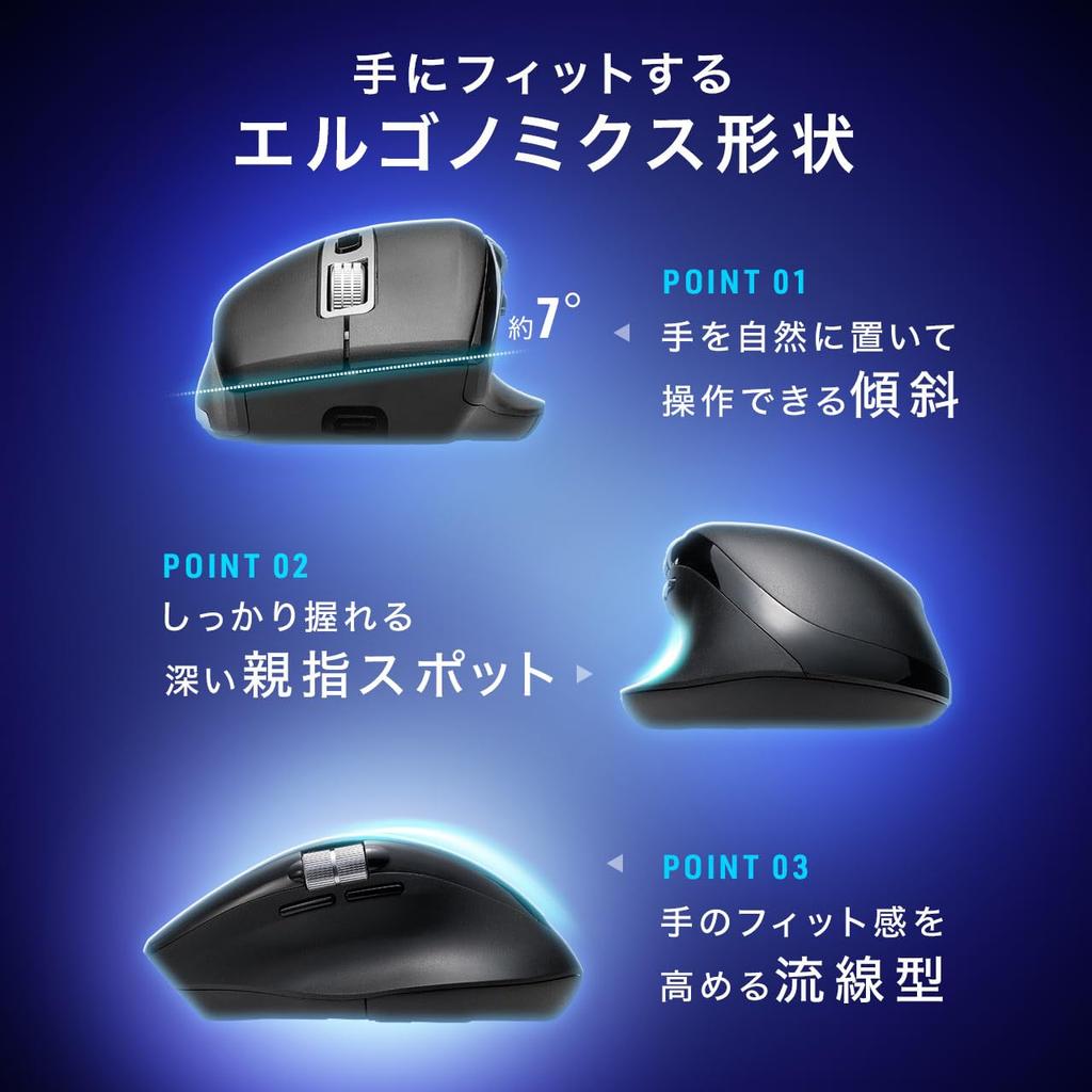 SANWA DIRECT Wireless Horizontal 5 Mouse, Scrolling, High-Speed Scrolling, Quiet, Bluetooth, Multi-Pairing, Rechargeable, Buttons, Back/Forward