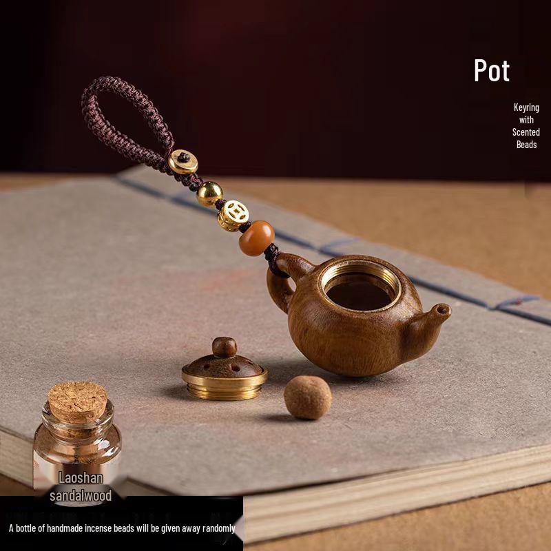 Green Sandalwood Handle Keychain with Small Teapot Pendant, Retro Style for Couples