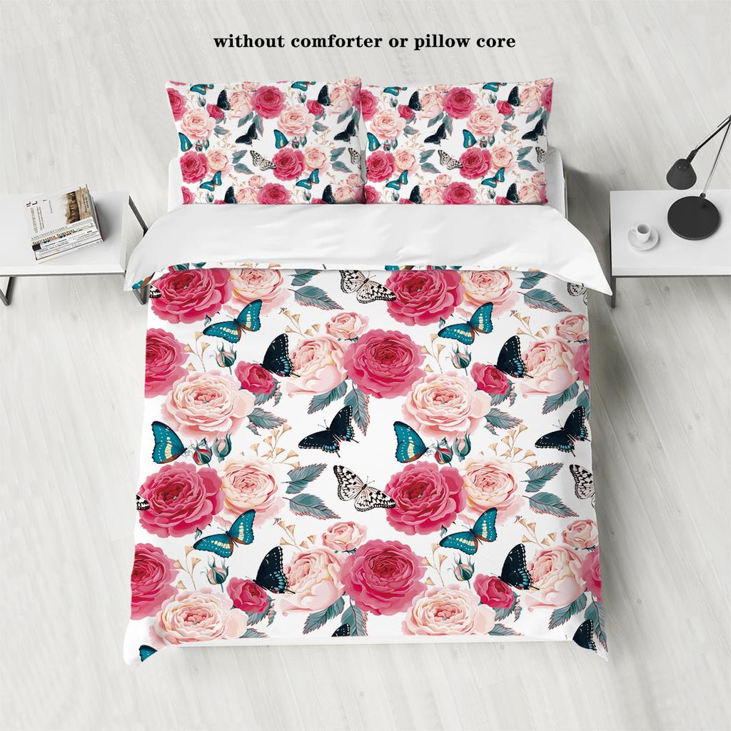 Copripiumino in piuma con stampa floreale rosa naturale, 3 pezzi (1 copripiumino+2 federe, senza imbottitura) set biancheria da letto