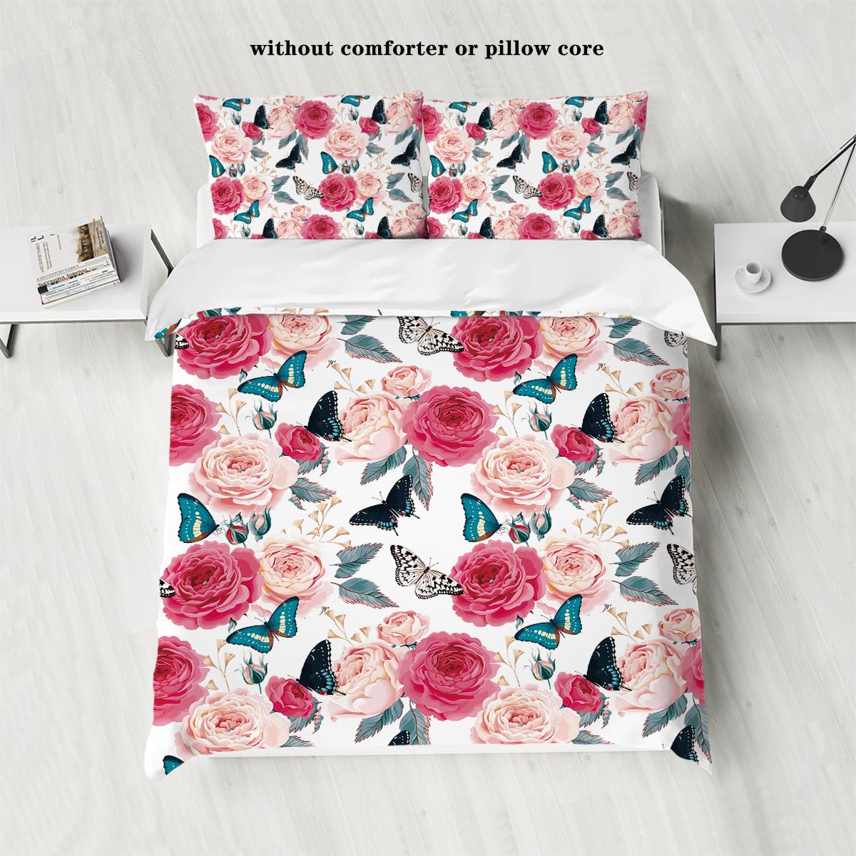 

3-piece natural pink floral pattern printed down duvet cover (1 duvet cover+2 pillowcases, no core) bedding set 135x200cm-EU-Single