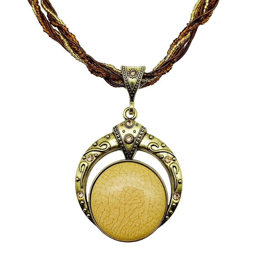 

Bohemian imitation round gemstone necklace exaggerated retro handmade rice bead sweater chain N215 бежевий