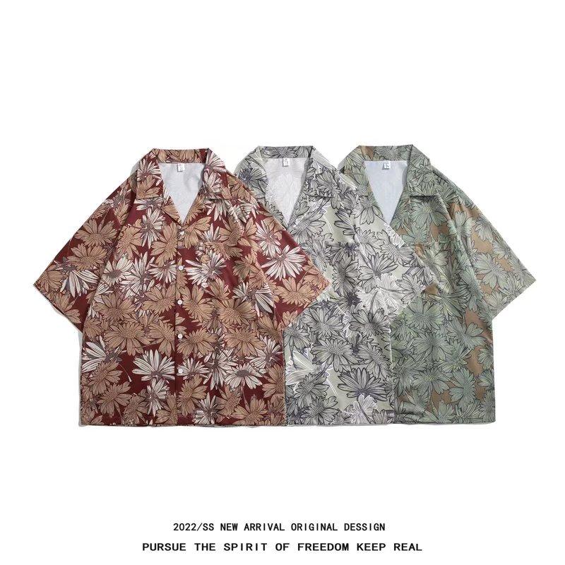 

Летняя рубашка с короткими рукавами в стиле Харадзюку с цветочным принтом Мужская свободная студенческая рубашка большого размера в корейском стиле в гонконгском стиле