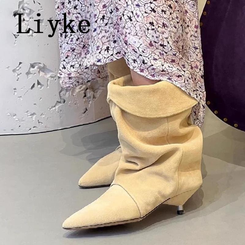 Modne Liyke Vintage Szpiczaste Skórzane Botki Plisowane Dla Kobiety Dziwne Niskie Cienkie Obcasy Buty Botki Do Kostki Kobiety Zapatos De Mujer