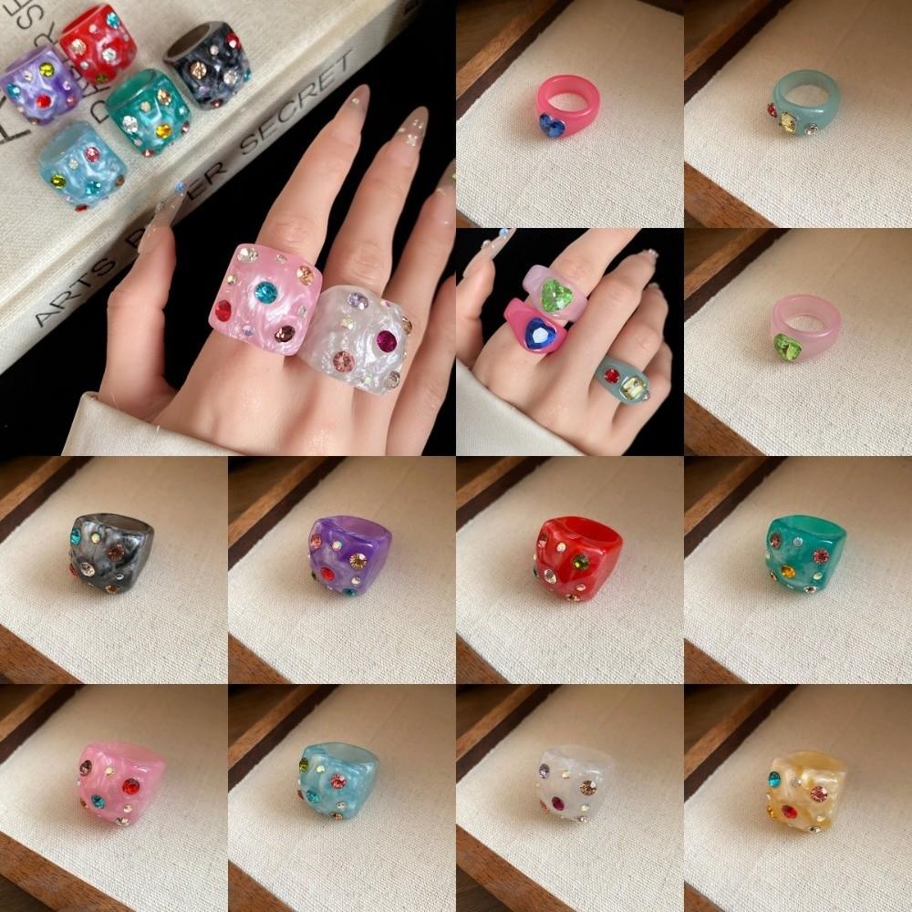 Hand Ornaments Exaggerated Resin Rhinestone Ring Candy Color Korean Style Geometric Ring Resin Classic Big Dome Plain Ring Lady
