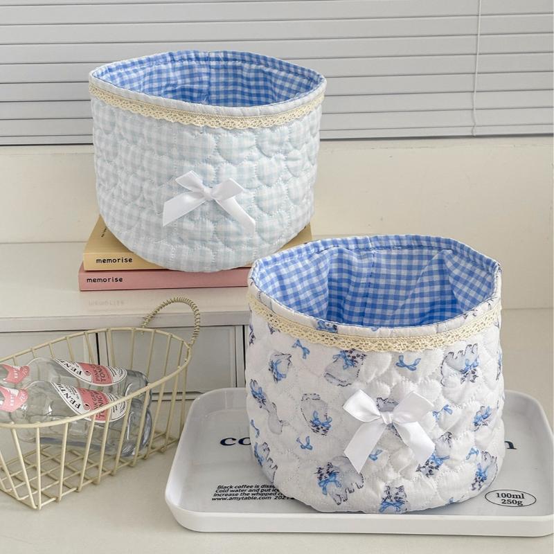 Cute Love Heart Storage Box Quilting Cotton Bow Desktop Storage Basket Large-Capacity Round Storage Frame Home Decoration