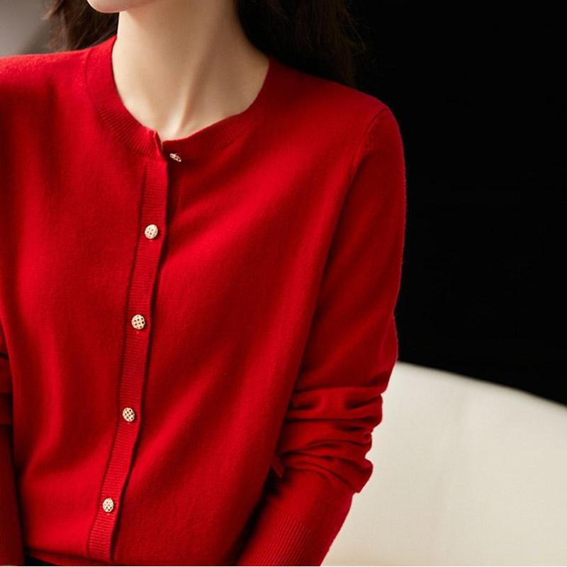 

Женские свитера кардиганы 2025 осень зима длинный рукав O-образный вырез черный вязаный свитер женские топы кардиган JJ157 One Size красный