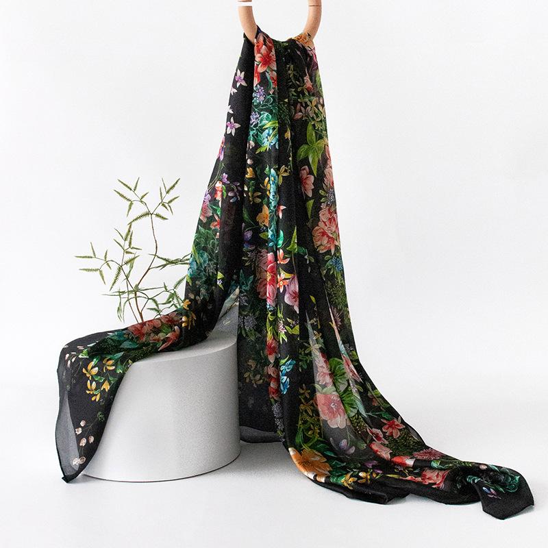 Flower Sea Dream Black New Premium Silk Double-sided Same Color Beach Silk Scarf Sunscreen Shawl