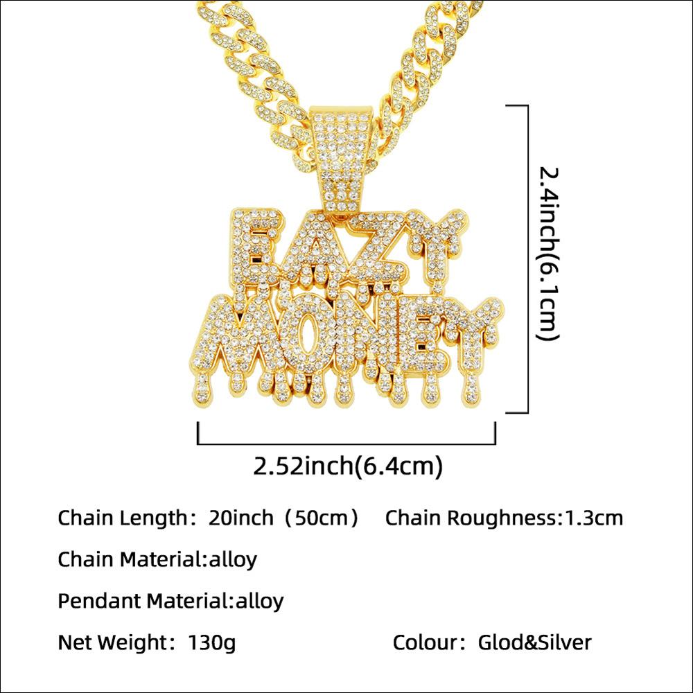 Fashion Rock EAZY MONEY Letter Pendant With 13mm Rhinestones Miami Cuban Chain HipHop Iced Out Bling Necklaces Charm Man Jewelry