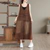 Korean Style Plus Size Spring Summer Women Sundress V Neck Brown Denim Sleeveless Tank Dress Vintage Casual Loose Basic Ladies' Midi Dress