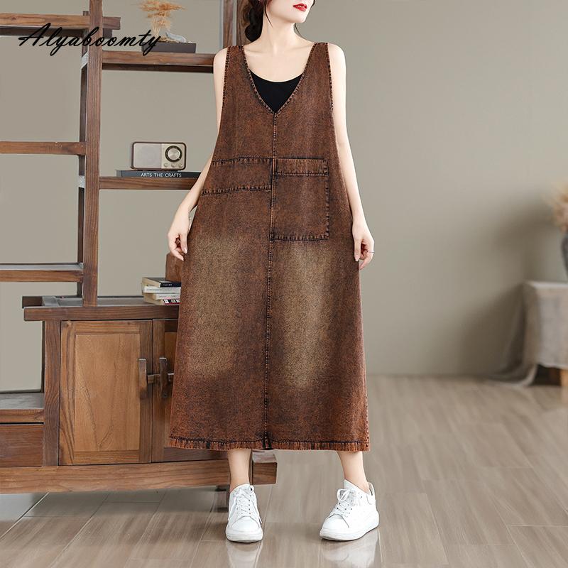 Korean Style Plus Size Spring Summer Women Sundress V Neck Brown Denim Sleeveless Tank Dress Vintage Casual Loose Basic Ladies' Midi Dress