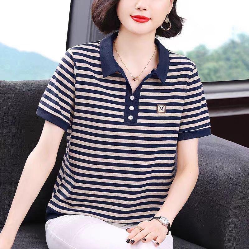 

Mom s Casual Striped Polo Shirt with Turn-Down Collar 2XL