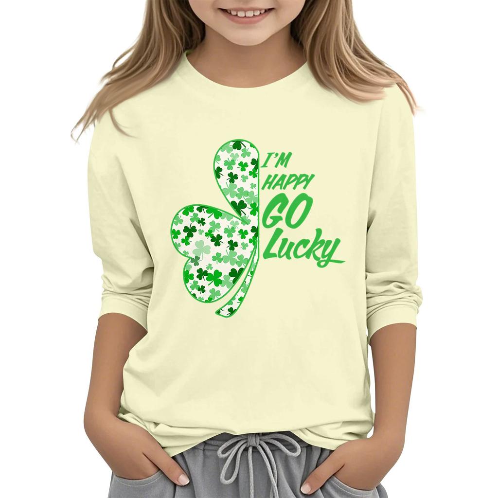 Dziecięcy T-shirt Casual z Nadrukiem na Kołnierzyku na Dzień Świętego Patryka z Rękawem 7/8