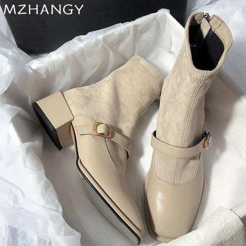 Suede Women Chunky Ankle Boots Mid Heels Fashion Leather Shoes Woman 2025 Trend Goth Chelsea Boots Pumps New Muejr Snow Botas