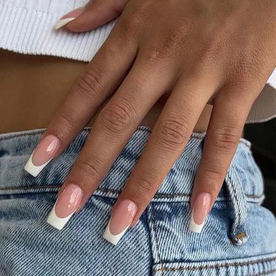 24Pcs/Set Quick Nails Simple White Edge French Style False Nials Sticker Wearable Waterproof Manicure Finished Nails