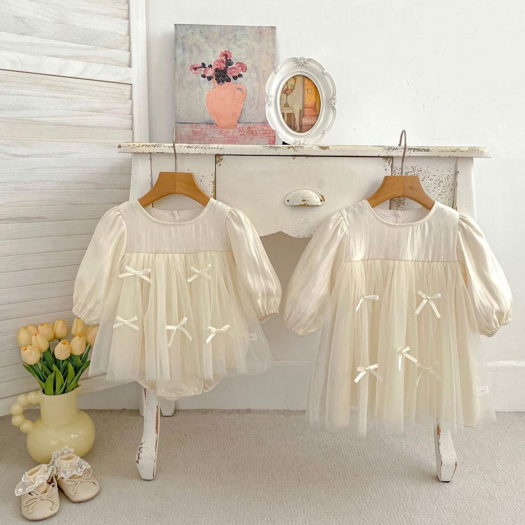 Girls Spring Long Sleeve Dress with Bow Tulle Princess Skirt Sweet Matching Outfit