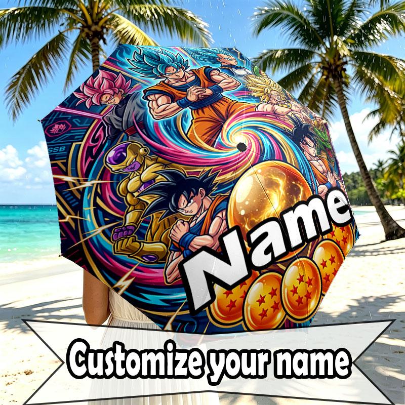 Custom Name Personalized Dragon Ball Z Print Umbrella, Auto Open Close, 8‑Rib Sturdy Frame, Commute Camping Hiking Use, Birthday Gift
