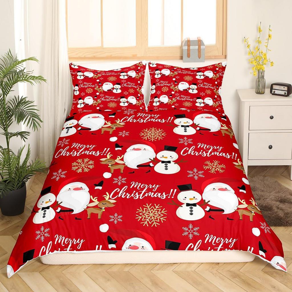 Red Three-Piece Quilt Cover Digital Printing Bedding Set Christmas Elk Snowflake Bed Cover