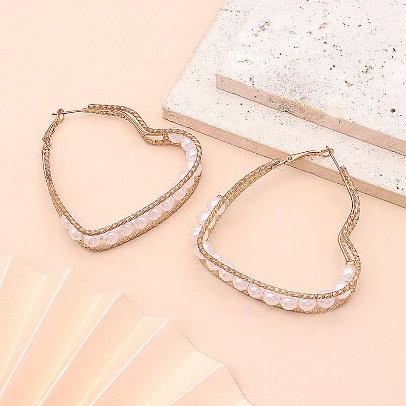 55MM Heart Imitation Pearl Hoop Earrings Big Circle Smooth Women Exaggerated Golden Hyperbole Metal Large Ear Jewelry Gift Aros