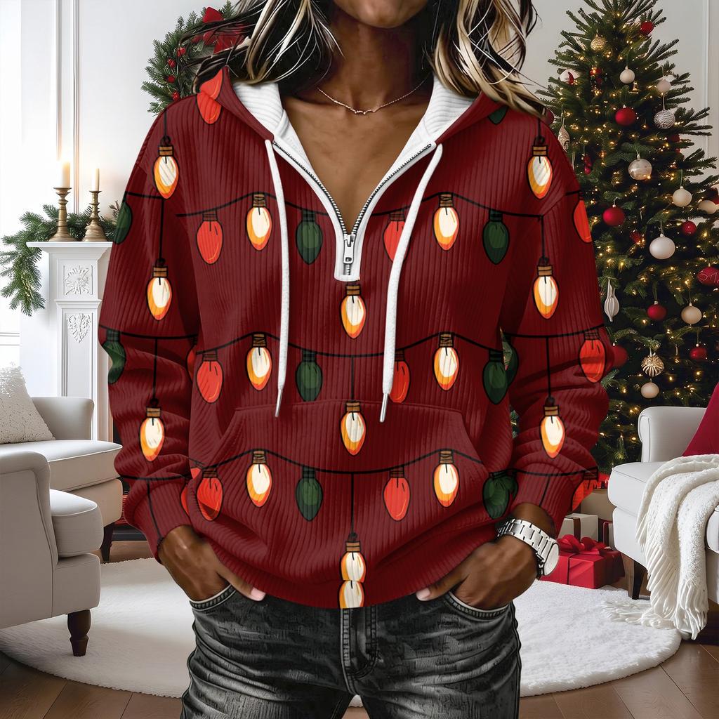 Women's Long Sleeve Christmas Print Pullover Hoodie with