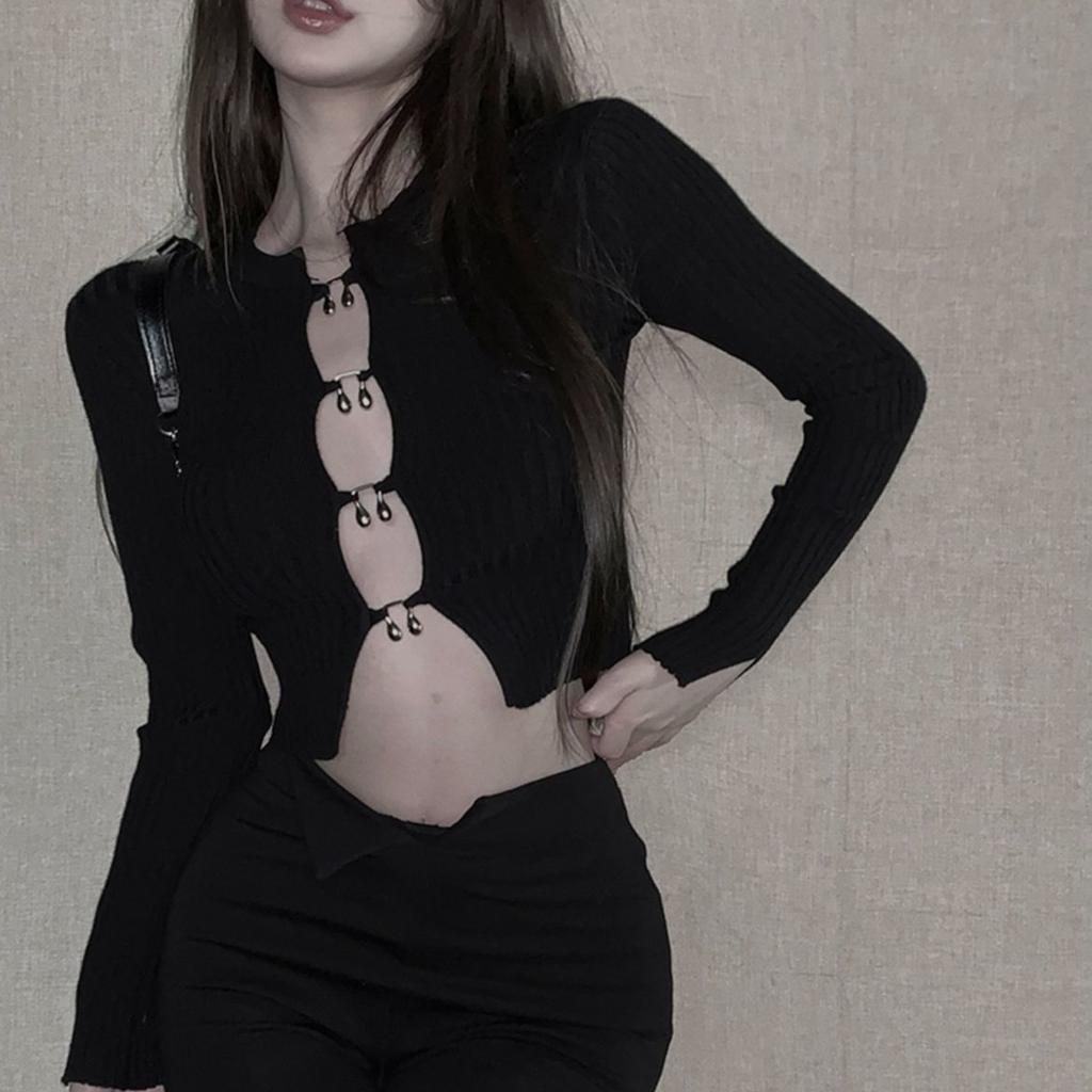 Autumn Korean Sweet Patchwork Solid Color O-neck Long Sleeve Cardigan Ladies Fashion Sexy Buttons Hollow Out Knitting Top Tee