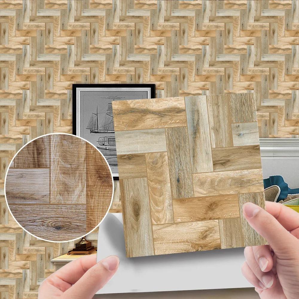 20Pc PVC Waterproof Wood Grain Tile Sticker Kitchen Bathroom Self Adhesive Wall Sticker Living Room Bedroom Wallpaper Home Decor