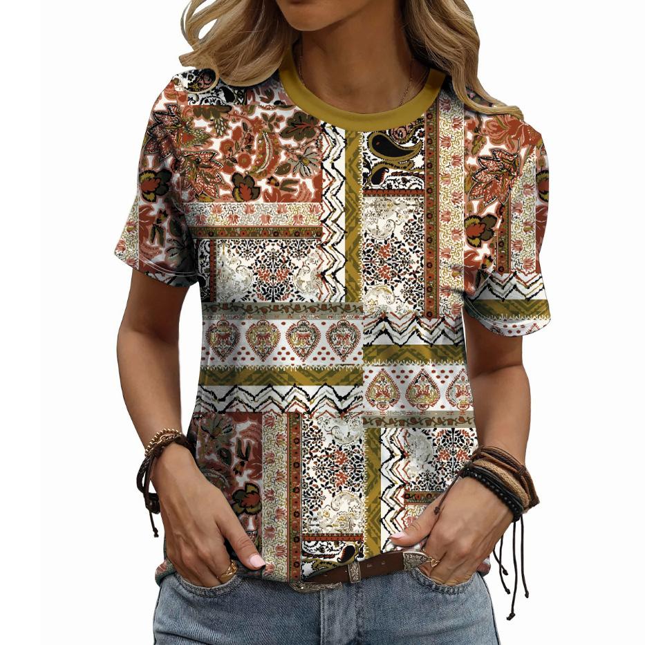 

Футболка с круглым вырезом в богемном стиле с 3D-принтом для лета Футболки женские повседневные с коротким рукавом и круглым вырезом S