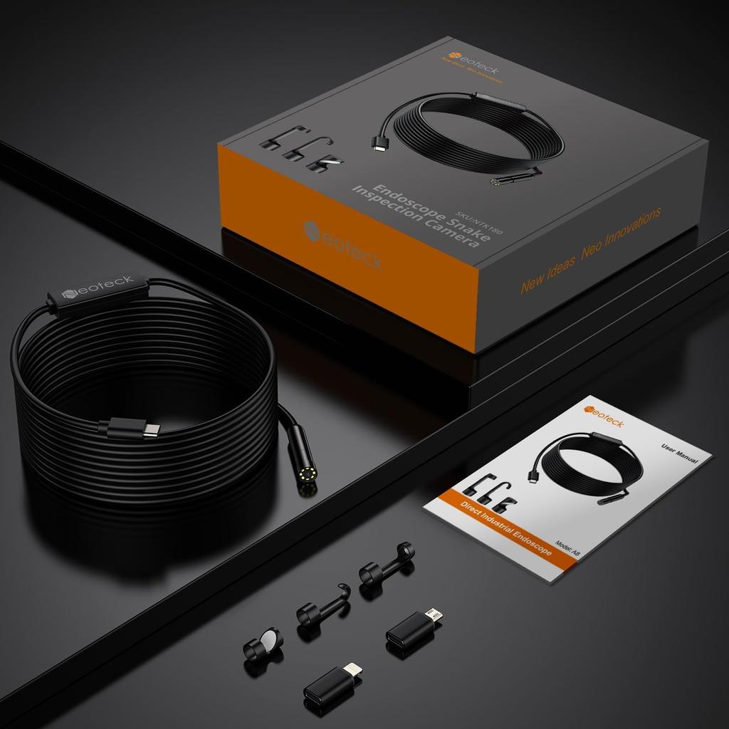 Neoteck Fiberscope Endoscope 5m 8 LED Industrial Snake IP67 Compatible with Air and Industrial Japanese Instruction Manual Camera, 1920P, Cable,