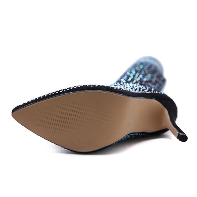 Mote Sexy Lår Kvinners Høye Støvletter Mote Krystall Stretch Stoff Sokkestøvlett Spiss Tå Over-kne Hæl Strippersko Størrelse 35-43