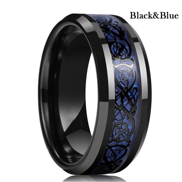8Mm Men Black Red Stainless Steel Finger Ring Viking Dragon Blue Cubic Zirconia Inlay Finger Ring Nuptial Bridal Band Beveled Edge Comfort FitTrendy