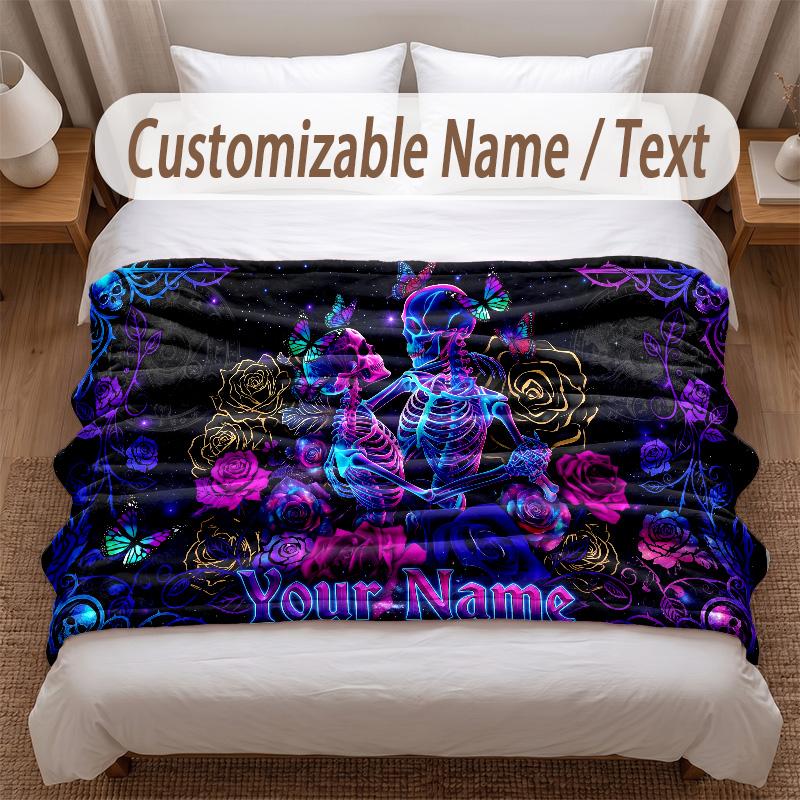 Rose Floral Theme Soft Blanket Personalized Custom Name Text Print Warm Blanket Home Sofa Bedroom Decor