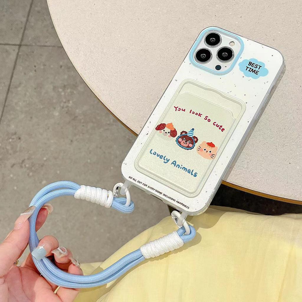 Three Animal Lanyard In English Apple 16promax15 Phone Case  Iphone14 Protective Case  Creative Cartoon