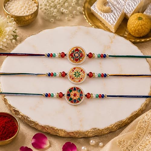 Rakhi for Brother Set of 3 Designer Floral Rakhis for Brother with Beads and Thread, Traditional Handmade Raksha Bandhan Rakhi Combo Pack, Decorative