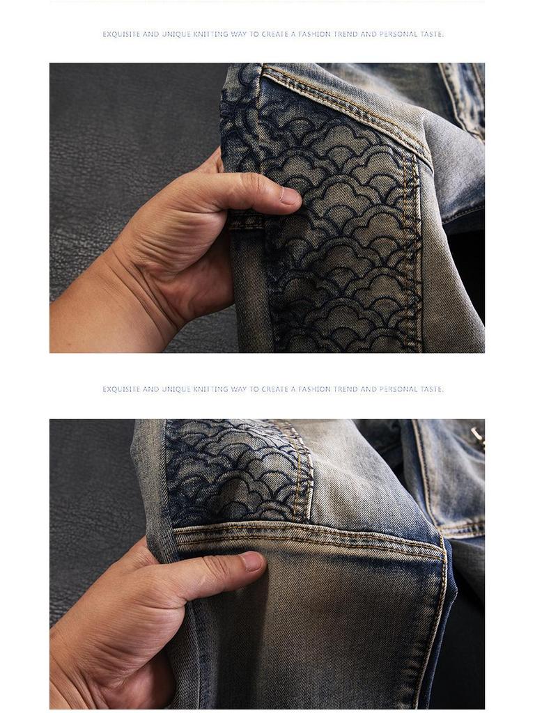 Men's Slim-Fit Retro Embroidered Motorcycle Jeans