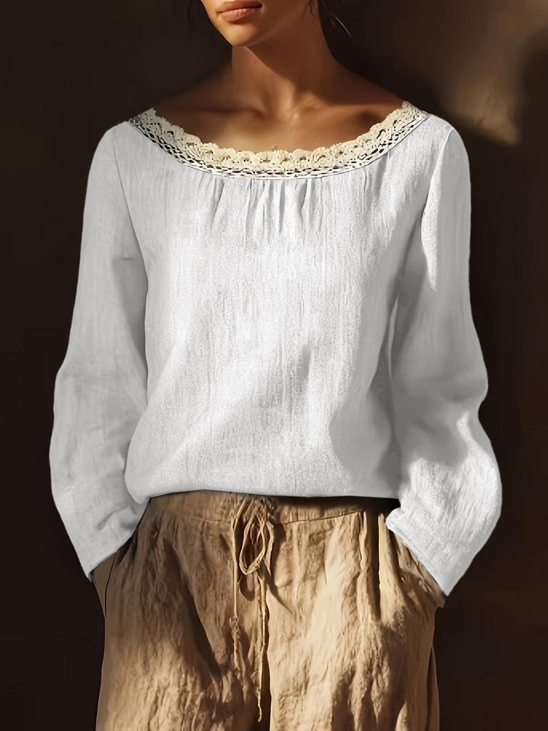 Chemise Longue en Lin et Dentelle Européenne Printemps-Été pour Femme - Couleur Unie, Col Rond