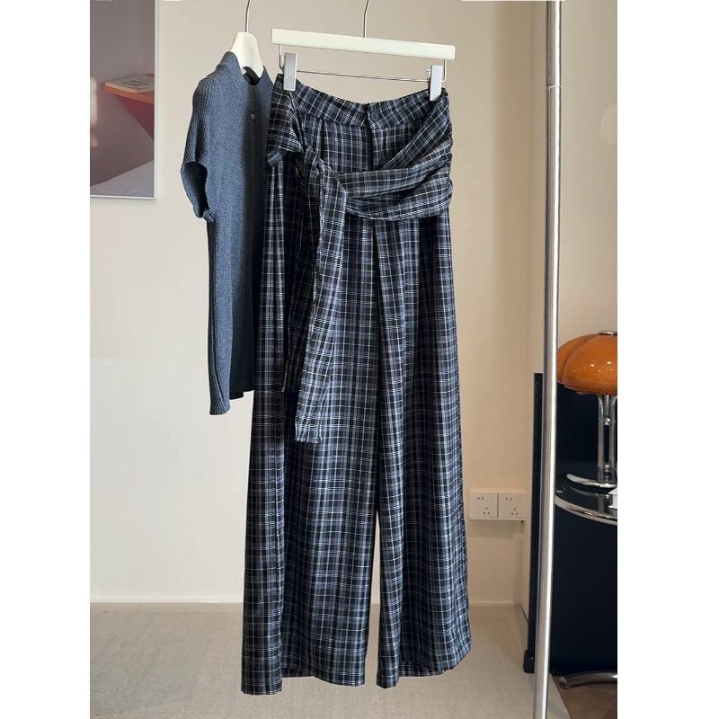 

Vintage summer design strap plaid pants loose drape straight high waist casual wide leg mopping pants S чёрный
