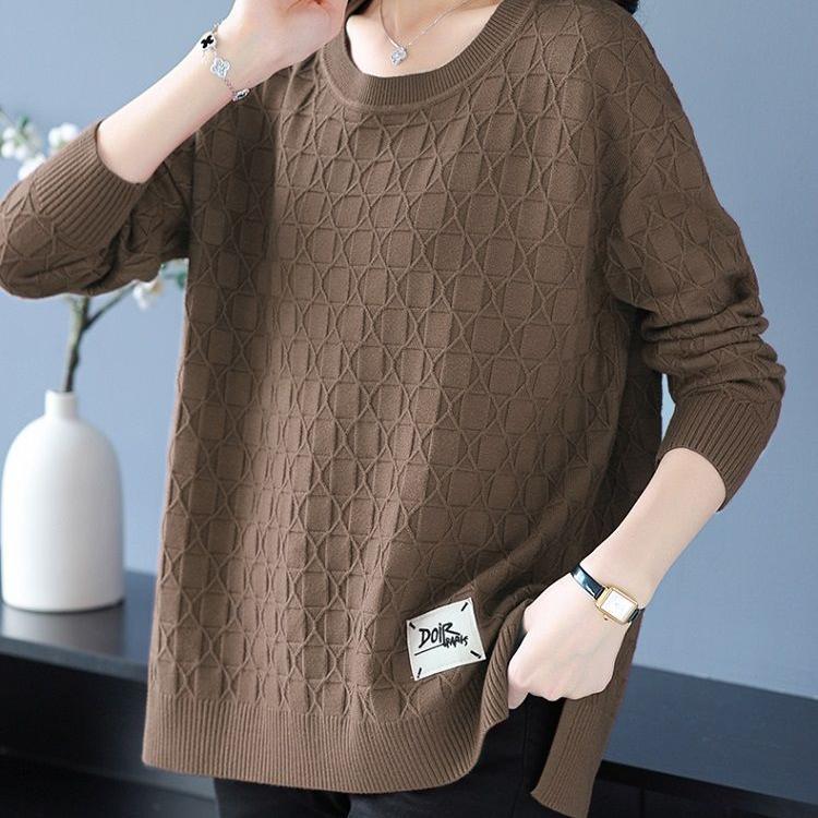 Spring and Autumn Women's Plus Size Knit Sweater Thin Loose Crew Neck Pullover Knitwear Short Slit Stretch Knit Top Jumper